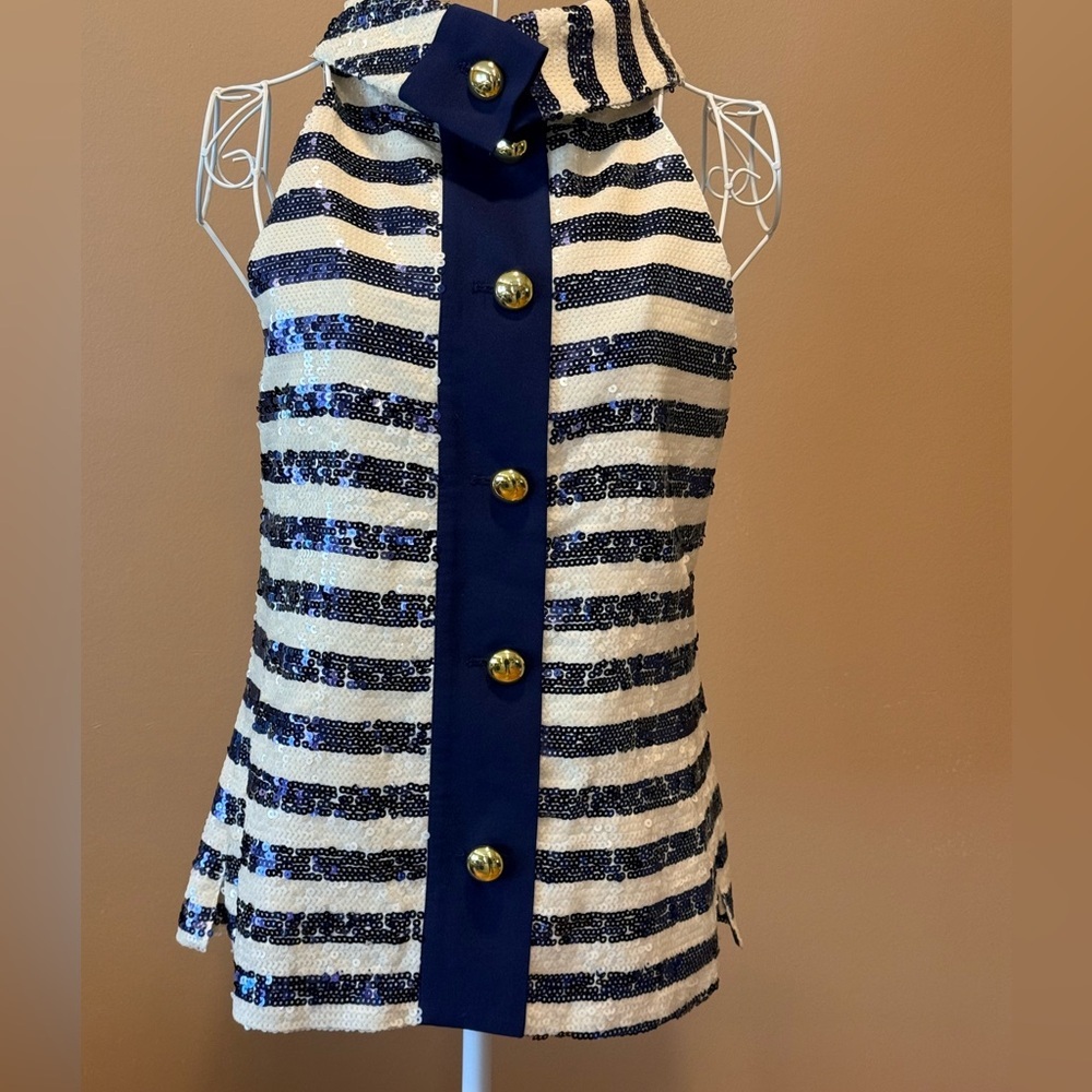 Sail to Sable Sequin Stripe Cowl Neck Halter Top Navy White Lined S/M - Picture 5 of 8